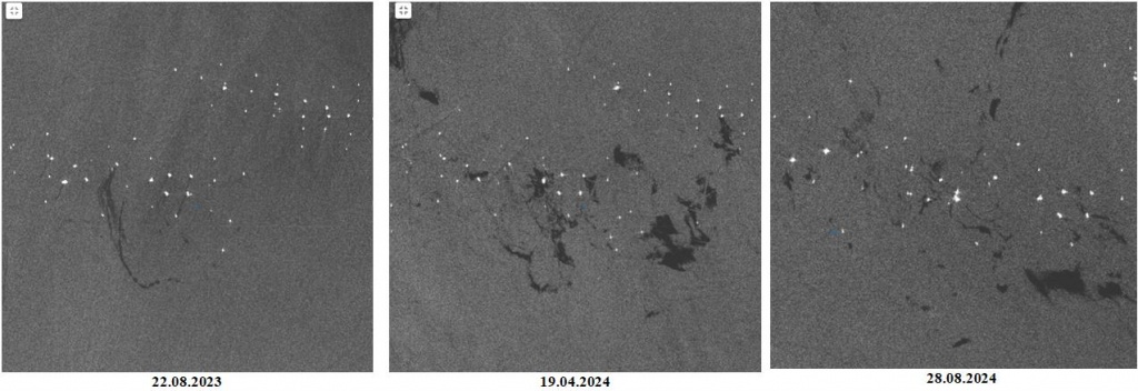  Рис. 6. Нефтяные пятна у нефтедобывающих платформ на месторождении Джейтуне на радиолокационных изображениях спутника Senntinel-1A © ESA