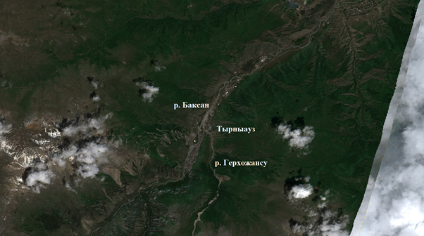 Рис. 2. Фрагмент Sentinel-2A от 20.06.2025 г. у города Тырныауз 