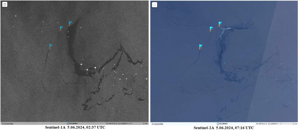 Рис. 1. Квазисинхронные снимки спутников Sentinel-1A (радиолокация) и Sentinel-2A (оптика), на которых отобразились три нефтепроявления в туркменском секторе Каспийского моря. На оптическом снимке хорошо видна «ветровая размазка» или сепарация фракций нефти под действием ветра © ESA 