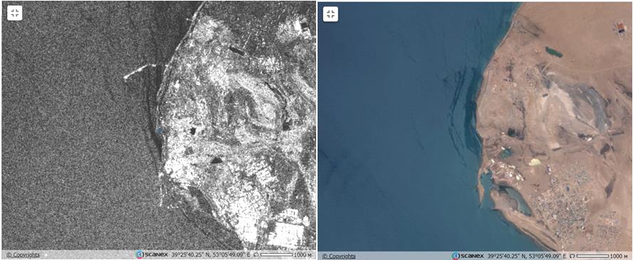 Рис. 4б. Нефтезагрязнения на фрагментах РЛИ Sentinel-1A (02:37 UTC) и оптического снимка Sentinel-2A (07:16 UTC) от 5.06.2024 в прибрежной зоне п-ова Челекен © ESA
