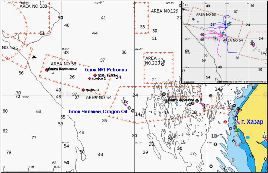 Рис. 2. Положение обнаруженных нефтепроявлений (грифоны 2 и 3) на навигационной карте; нефтепроявление, обозначенное как «грязевой вулкан», наблюдается с 2000 г. [1]