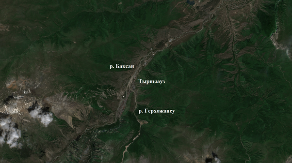 Рис. 3. Фрагмент Sentinel-2A от 22.07.2024 г. у города Тырныауз