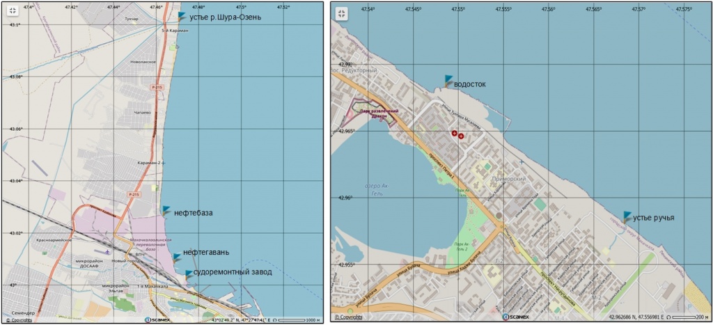 Рис. 5. Основные места сброса загрязненных нефтью и нефтепродуктами сточных вод (флажки) к северу (слева) и югу (справа) от центра Махачкалы, выявленные по данным спутниковых наблюдений.