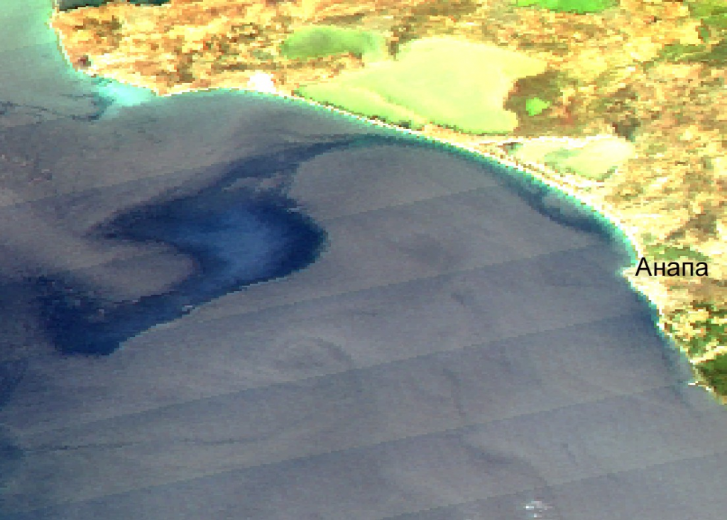 Рис. 4. Нефтяной разлив на оптическом снимке MODIS Aqua 1 сентября 2025 г. в 11:38 UTC. В центре разлива различается цвет нефтяной пленки