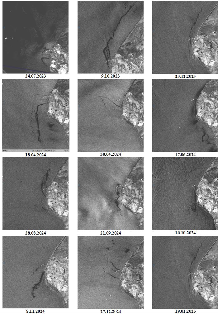 Рис. 4а. Пленочные загрязнения на фрагментах РЛИ Sentinel-1A в прибрежной зоне моря на акватории между хазарским химзаводом и заброшенными советскими нефтепромыслами. Время от времени однозначно проявляются три источника; макс. длина 18,2 км (9.10.2023), площадь 9,2 км2 (29.08.2023) © ESA