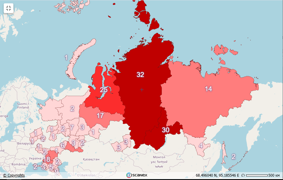 Рис. 7. Карта пожарной обстановки РФ за 13 июля 2025 г. 
