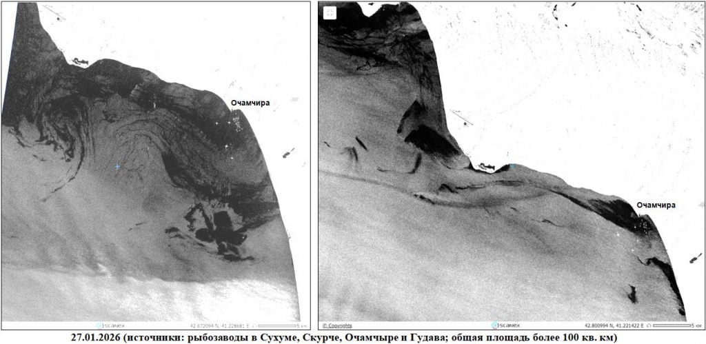 Рис. 2. Пленочное загрязнение прибрежной зоны Абхазии во время путины 2025/2026 гг. на последовательных радиолокационных изображениях Sentinel-1A/1C, полученных 27.01.2026 в 03:16 и 15:17 UTC. © ESA