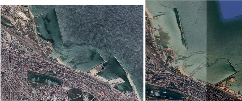 Рис. 3. Нефтяное загрязнение акватории нефтяной гавани и порта Махачкала (источники показаны звездочками) на оптических снимках WorldView-2 от 22.05.2020 и Pléiades Neo от 3.06.2023.  Maxar Technologies, Airbus