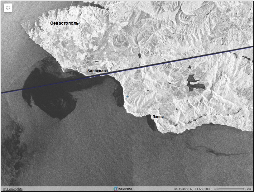 Рис. 2. Разлив нефтепродуктов на радиолокационном изображении спутника Sentinel-1A от 16.02.2024, 15:36 UTC.© ESA