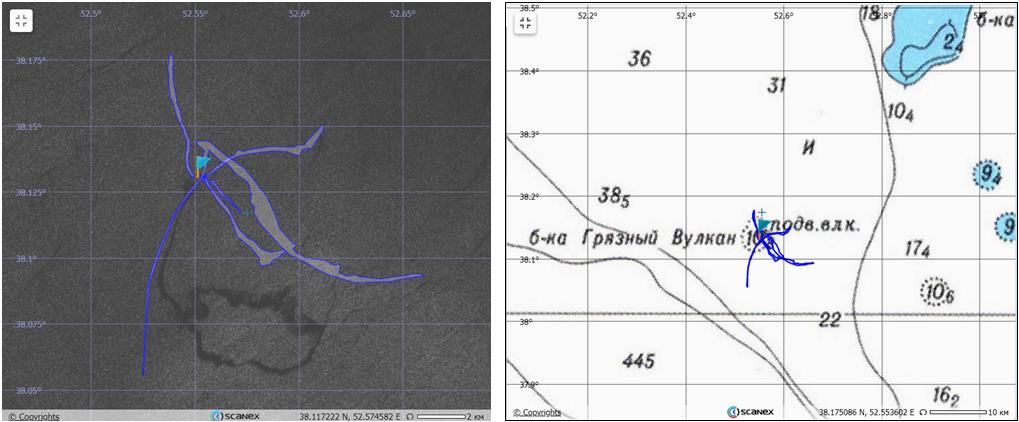 Рис. 8. Пространственно-временная группировка пятен-сликов над банкой Грязный Вулкан в туркменском секторе Южного Каспия 