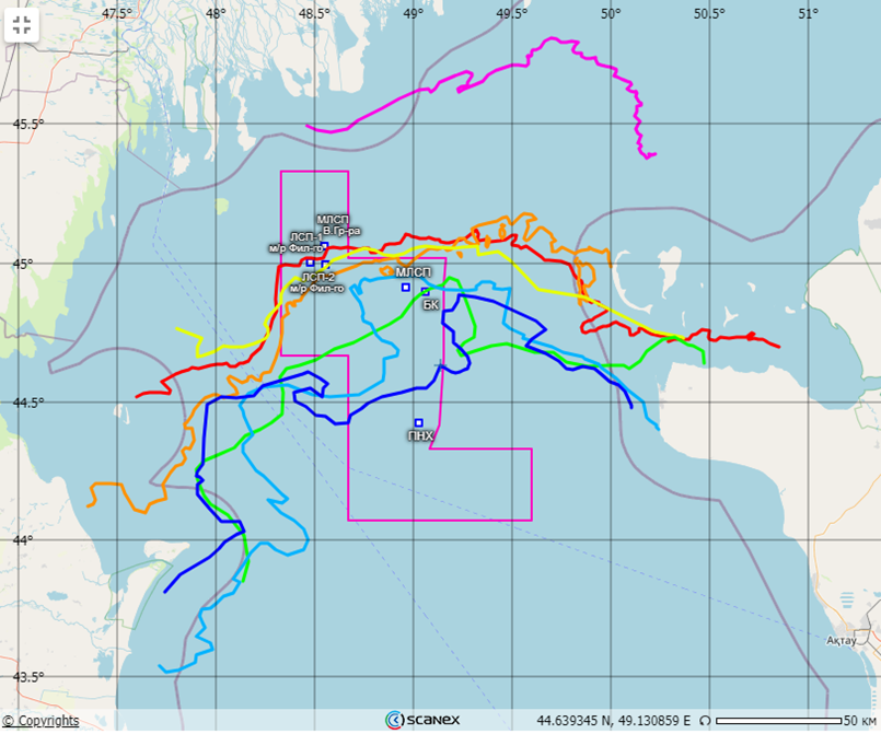 Рисунок 2 - Динамика кромки льда в феврале 2025. Синим отмечена кромка льда за 27.02.2025, голубым – 23.02.2025, зеленым - 22.02.2025, желтым - 19.02.2025, оранжевым - 11.02.2025, красным - 10.02.2025, розовым - 01.02.2025.