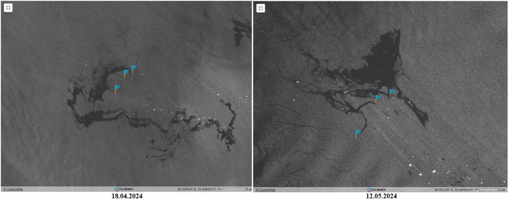 Рис. 3. Крупные пятна, образовавшиеся в результате растекания легких фракций нефти, попавших на поверхность моря из подводных нефтепроявлений, на радиолокационных изображениях спутника Sentinel-1A©ESA