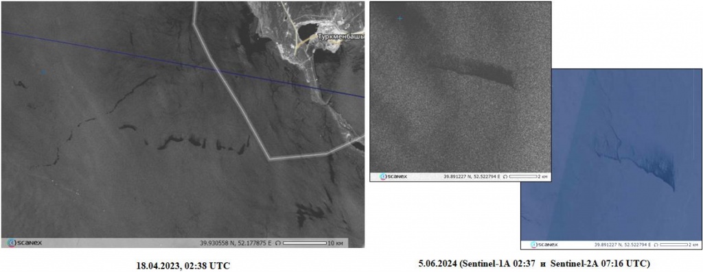 Рис. 7. Судовые разливы на судоходной трассе Баку-Туркменбаши вне территориальных вод Туркменистана. © ESA